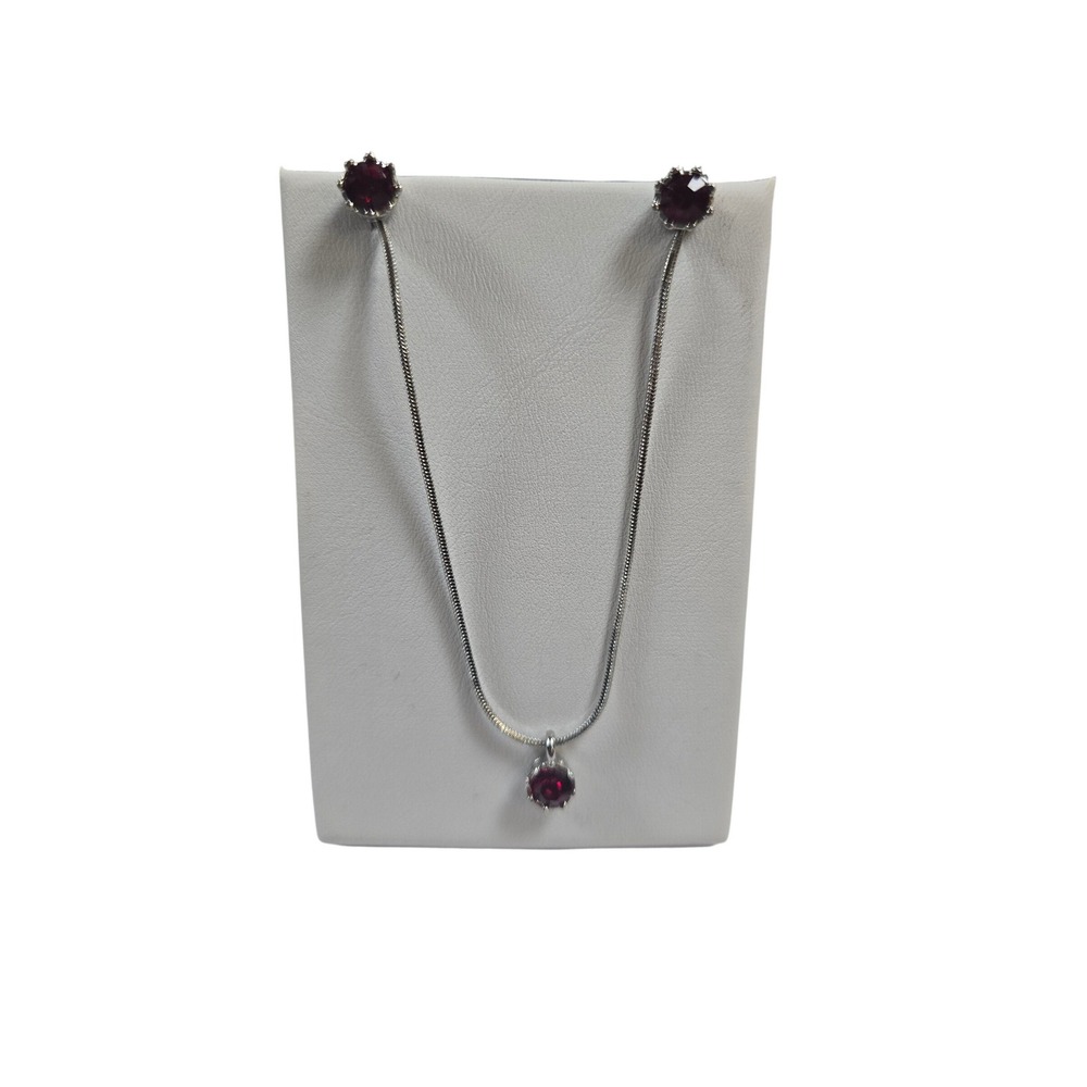Women Ruby Red Crystal Necklace and Earring Set Silver Tone Snake Chain